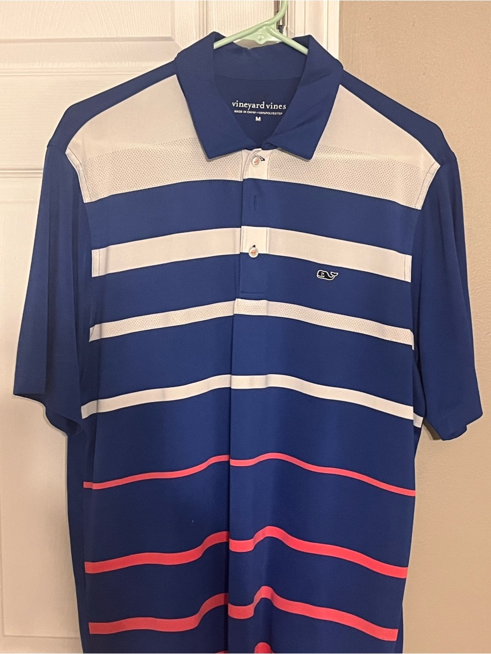 Vineyard Vines Navy Polo with White and Pink Stripes